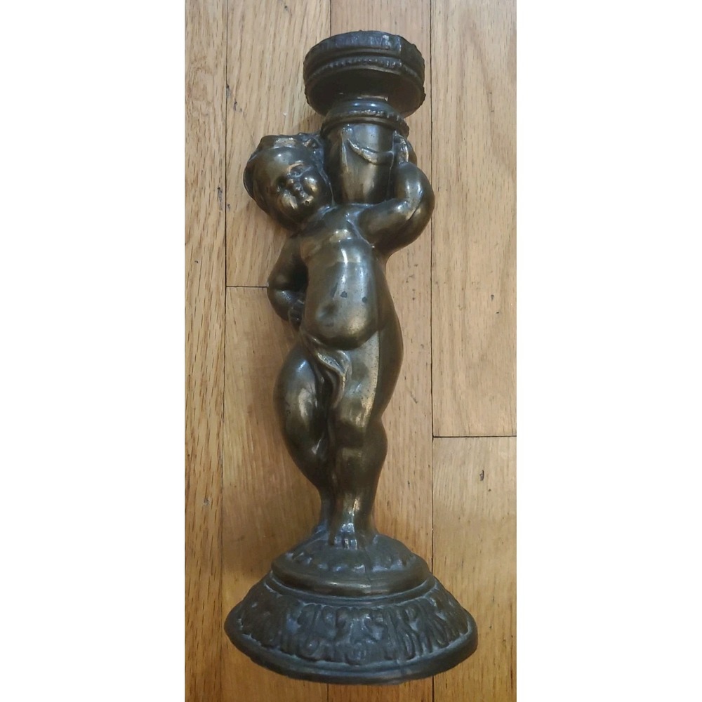 Cast Brass Cherub Baby Angel Candle Stick Holder Hollywood Regency Decor